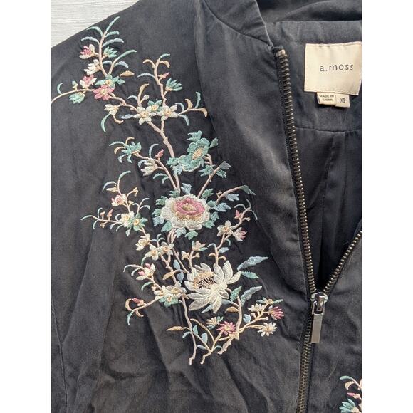 A Moss Womens Full Zip Floral Embroidered Bomber Jacket XS Black Lyocell Blend - Picture 2 of 7